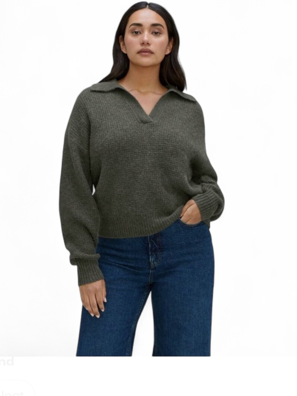 Everlane Olive Collared V-Neck Sweater